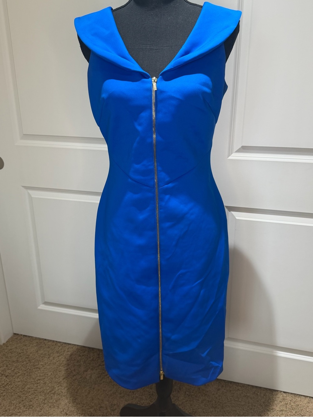 Calvin Klein Cobalt Blue Zip-Front Sheath Midi Dress